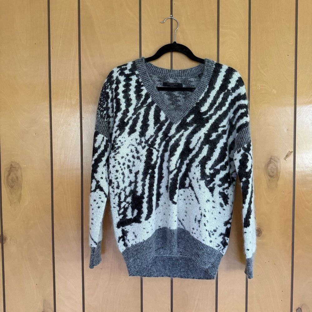 ALL SAINTS Women's Animal Jumper WK078S V Neck Knit Sweater Gray S Wool Blend